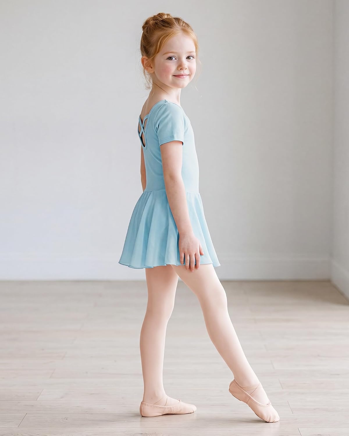 Stelle Girls Criss-Cross Back Leotards Skirt with Tights for Ballet/Dance | Short sleeve leotards, Crew neck, Soft, Breathable, Dress outfits, High elasticity & durable, Ballet pink footed tights(Blue)