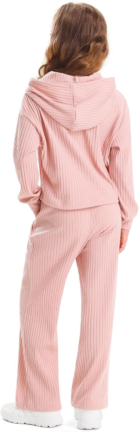Stelle Girls 2 Piece Fall Outfits Lounge Set 5-15 Y | Sweatpants with Pockets,Ribbed Long Sleeve Pullover Hoodie,Elastic Waist,Stretch Lightweight Comfortable Easy Pull On(Pink)