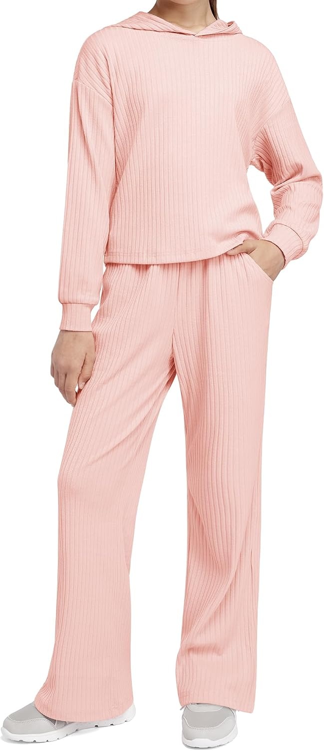 Stelle Girls 2 Piece Fall Outfits Lounge Set 5-15 Y | Sweatpants with Pockets,Ribbed Long Sleeve Pullover Hoodie,Elastic Waist,Stretch Lightweight Comfortable Easy Pull On(Pink)