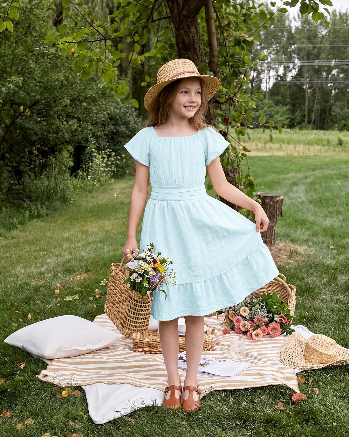 Stelle Girls Summer Casual Smocked Dress 5-15 Years(Light Blue)