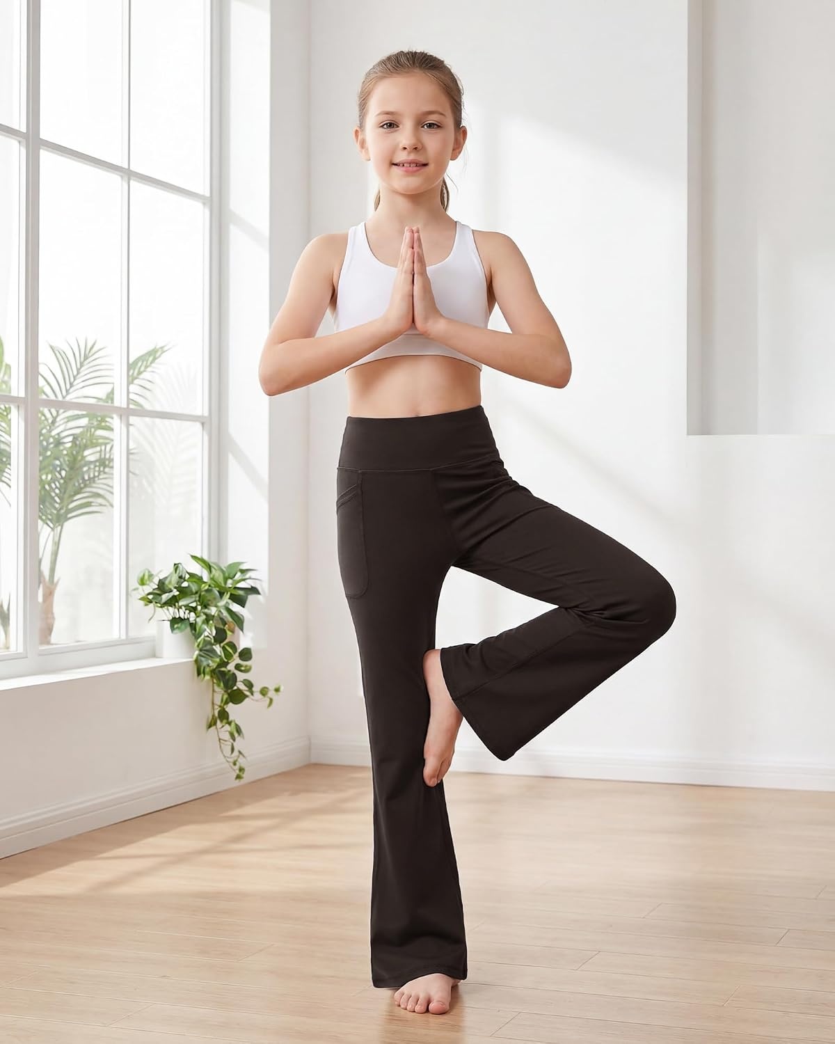Stelle Girls Leggings Flare Yoga Pants Kids Bootcut High Waisted Workout Dance Pants with Pockets(Espresso)