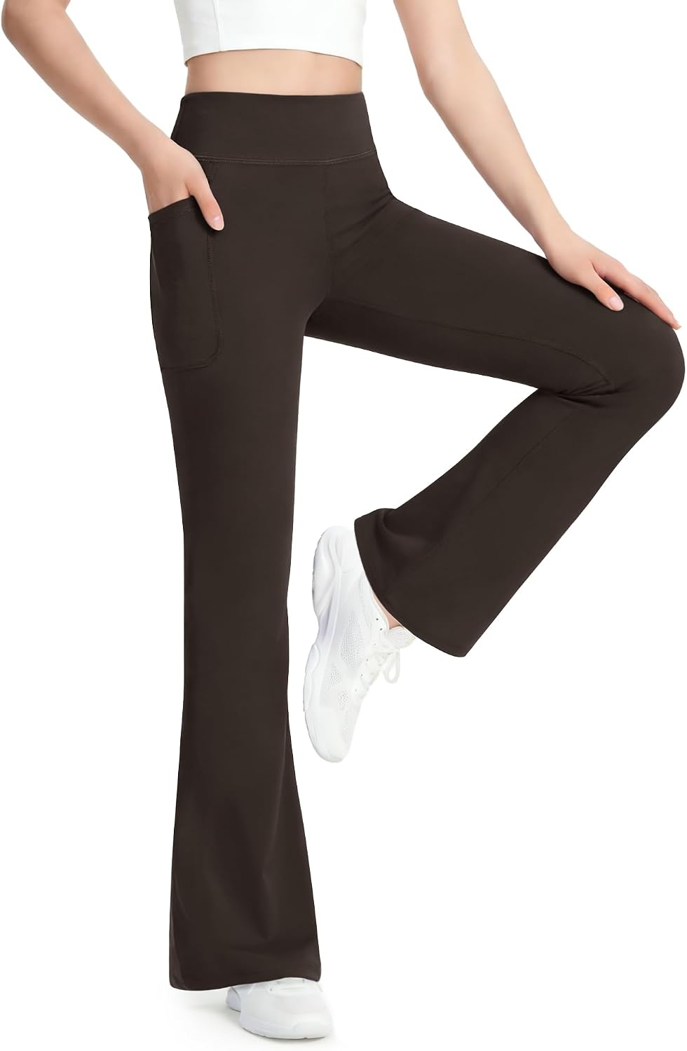 Stelle Girls Leggings Flare Yoga Pants Kids Bootcut High Waisted Workout Dance Pants with Pockets(Espresso)