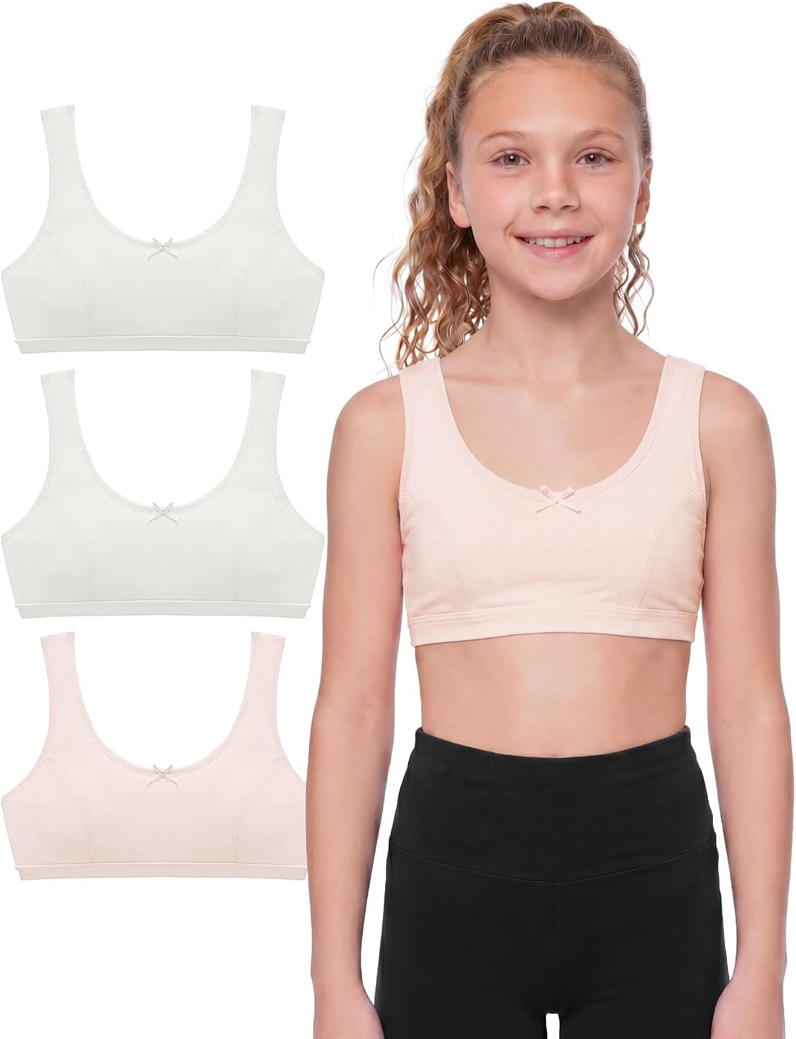 Stelle Seamless Training Bras for Girls Teen Sport Bras 6-15Y | MultiPacks, Cotton, Double Layer Bralette, Scoop Neck, No-Show, Sorf Comfort Padding Girl Bras for School Active(2 White+whisper Pink)