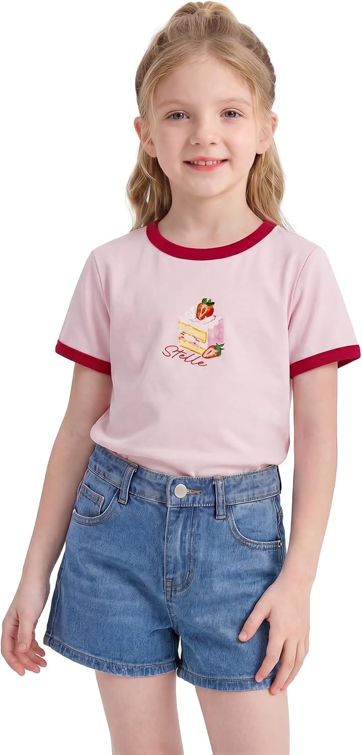 Stelle Girls Graphic Tees Short Sleeve Girls Shirts Cute Tops Crew Neck Casual Basic Summer T-Shirt for Kids Teen 4-15 Years(Berry Sweet|pink)