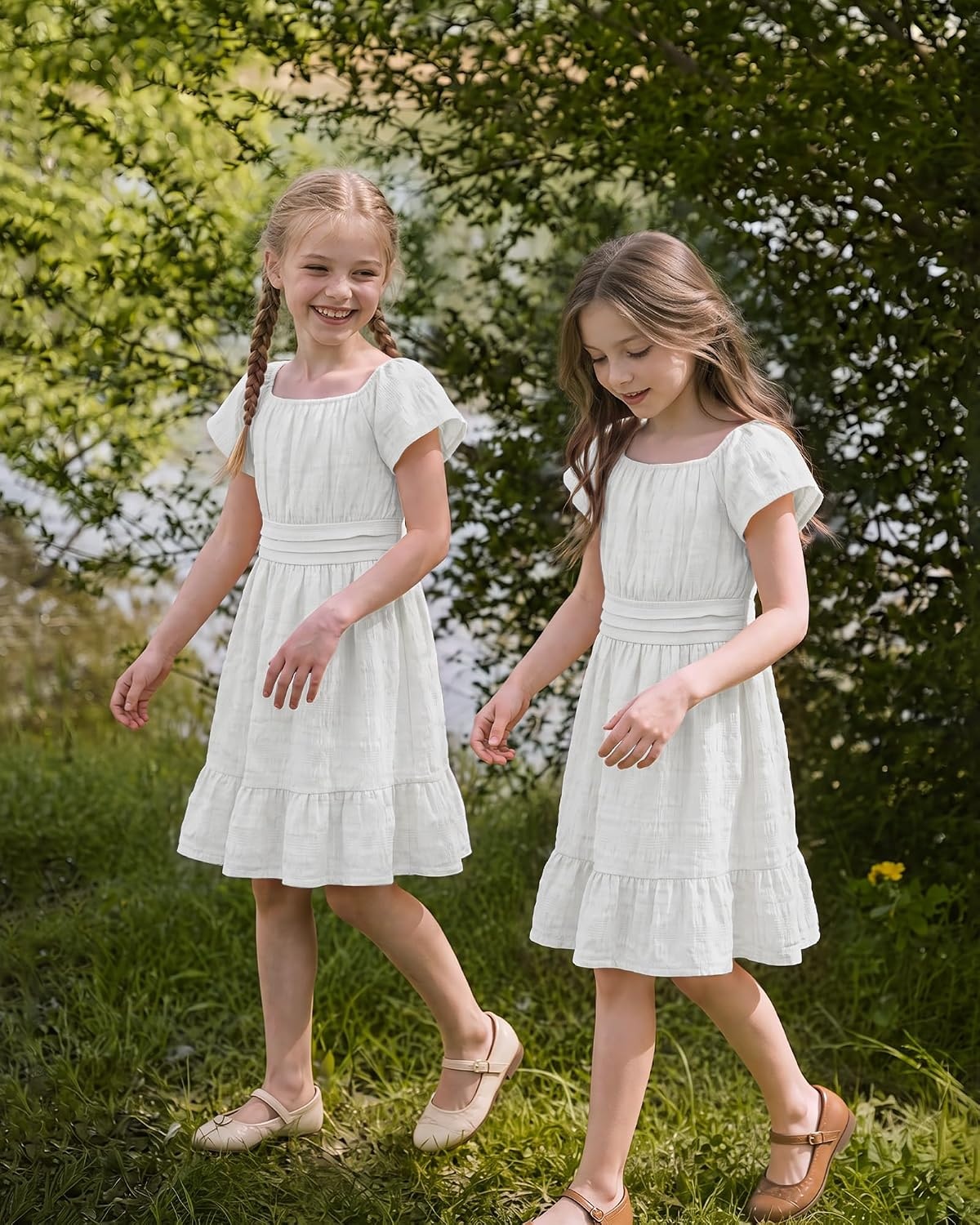 Stelle Girls Summer Casual Smocked Dress 5-15 Years(White)