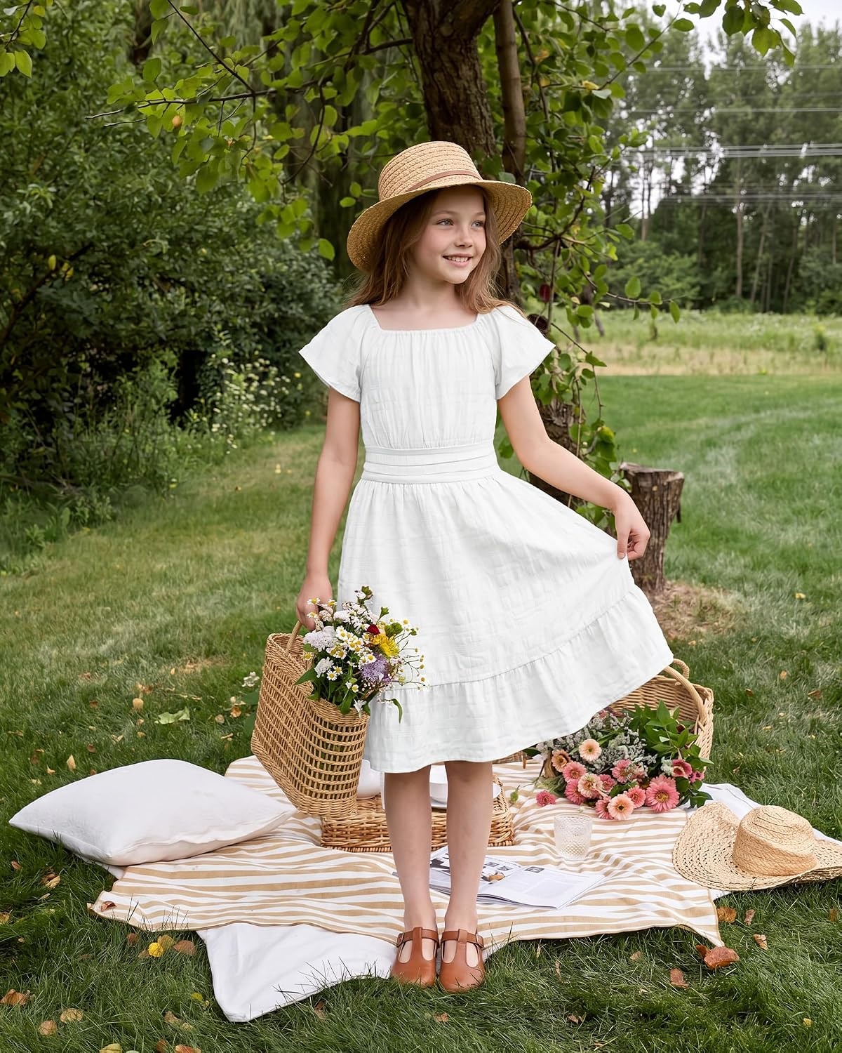 Stelle Girls Summer Casual Smocked Dress 5-15 Years(White)