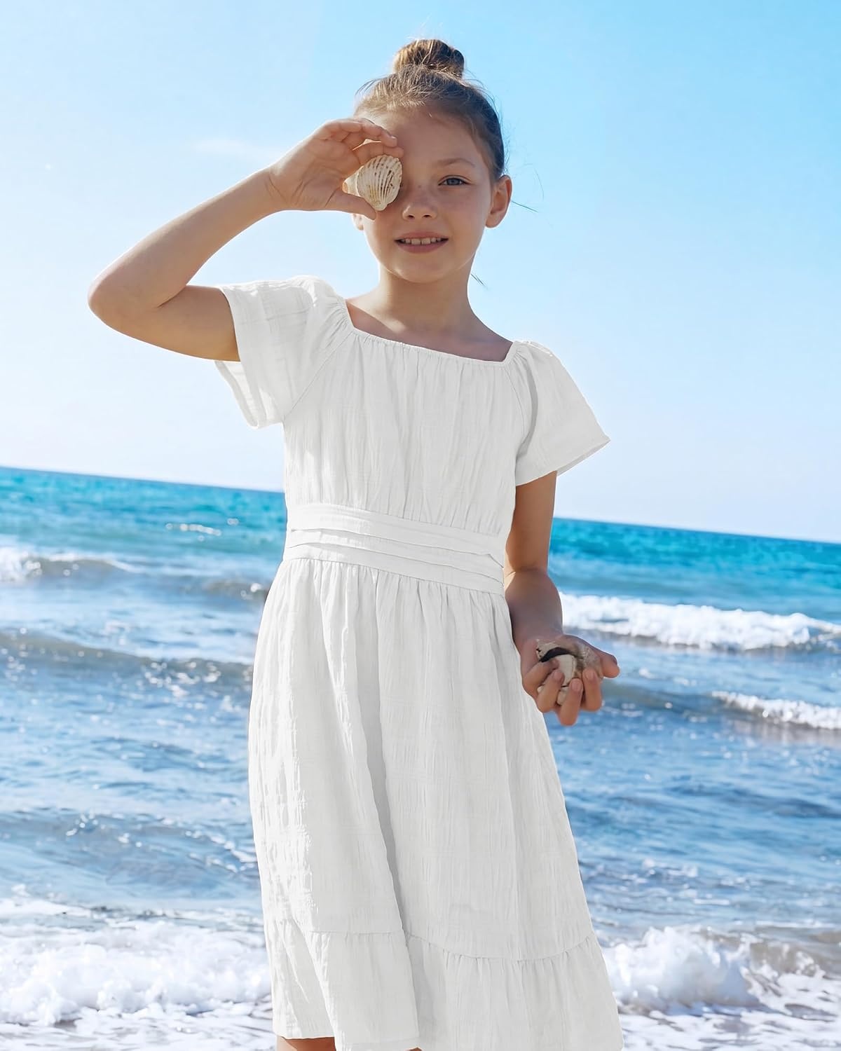 Stelle Girls Summer Casual Smocked Dress 5-15 Years(White)