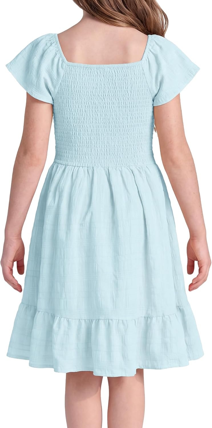 Stelle Girls Summer Casual Smocked Dress 5-15 Years | Short Sleeve,Square Neck,Backless,Cotton Lining,Double Layer,A Line,Twirl Dress,Back to School,Beach,Holiday,Skater Dress(Light Blue)