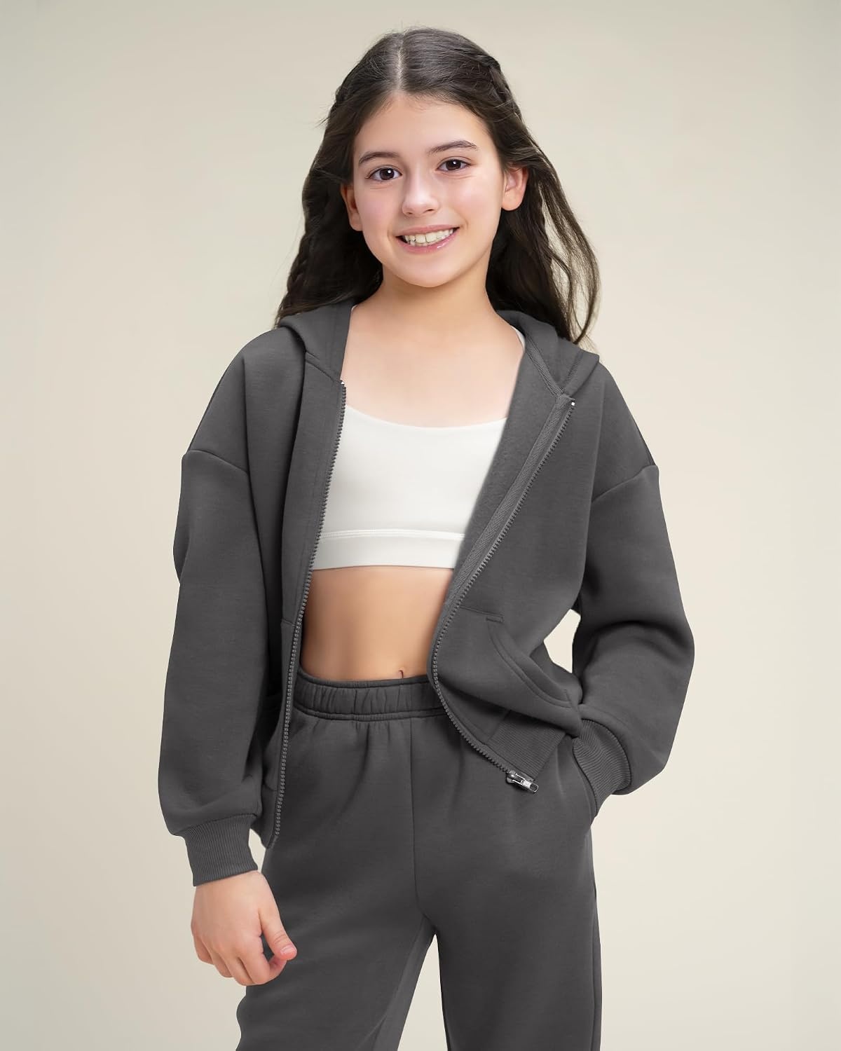 Stelle Girls 2 Piece Sweatsuit Zip Up Hoodies Joggers Tracksuit Sets 5-15Y(Charcoal)