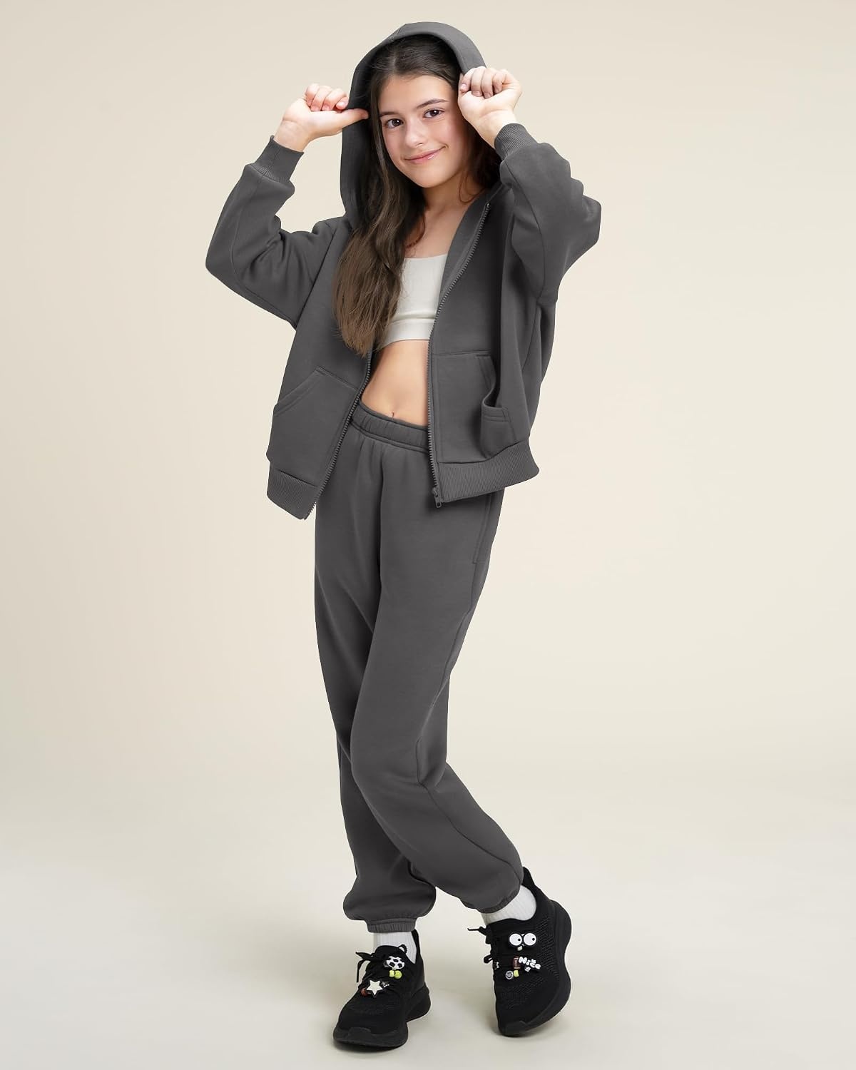 Stelle Girls 2 Piece Sweatsuit Zip Up Hoodies Joggers Tracksuit Sets 5-15Y(Charcoal)