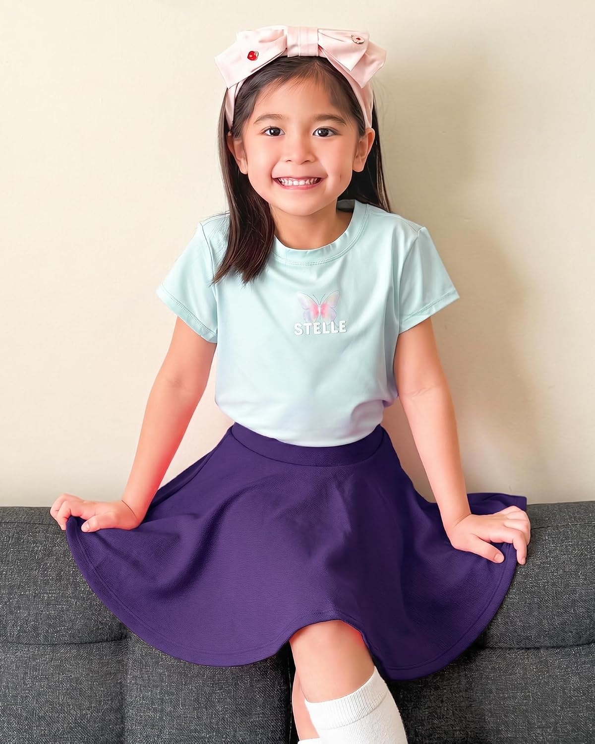 Stelle Girls Skirt Casual Flare Plain Pleated Stretch Waist Skater Skirts Uniform Skorts with Built in Shorts 4-15 Years(Purple)