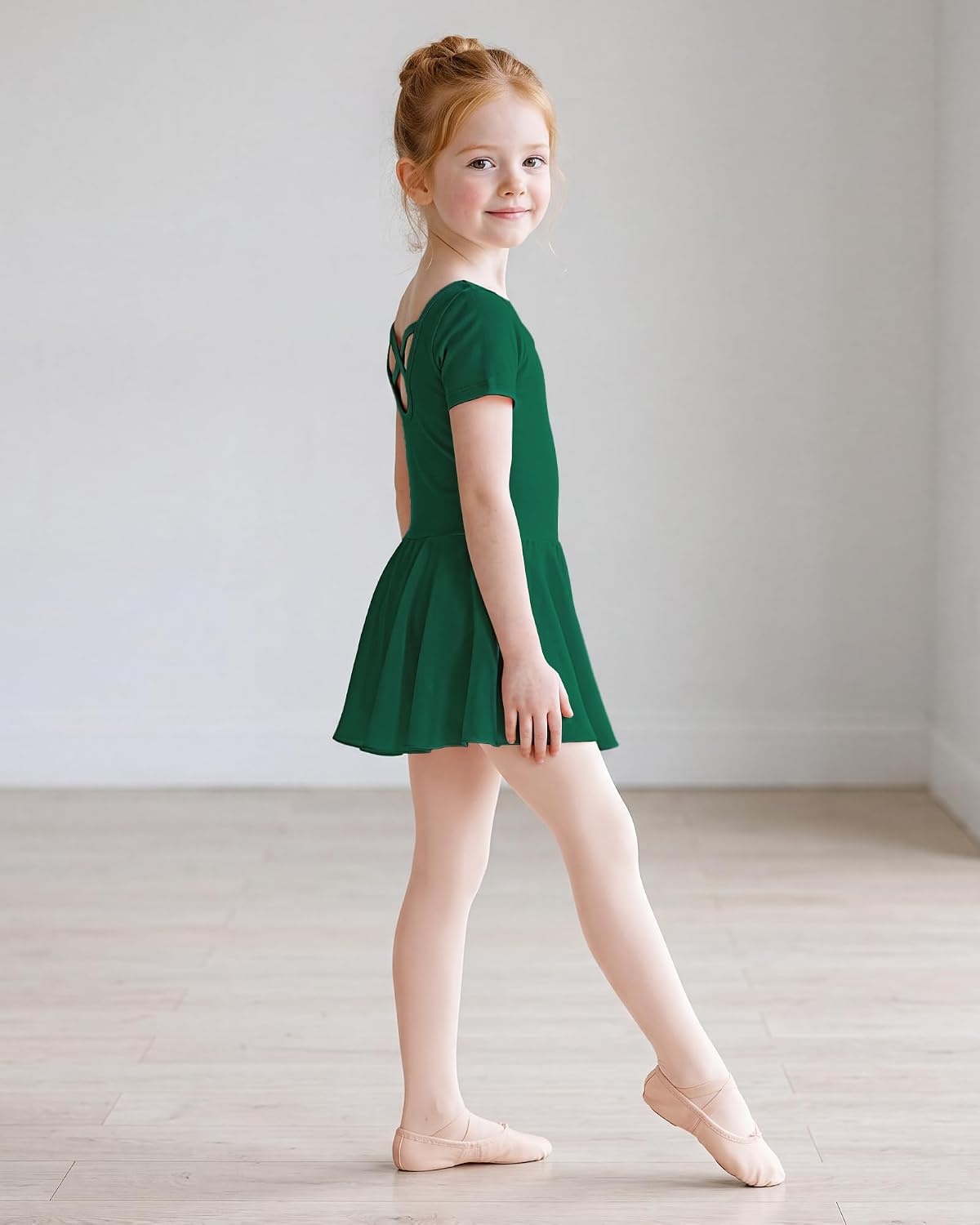 Stelle Girls Criss-Cross Back Leotards Skirt with Tights for Ballet/Dance | Short sleeve leotards, Crew neck, Soft, Breathable, Dress outfits, High elasticity & durable, Ballet pink footed tights(Green)