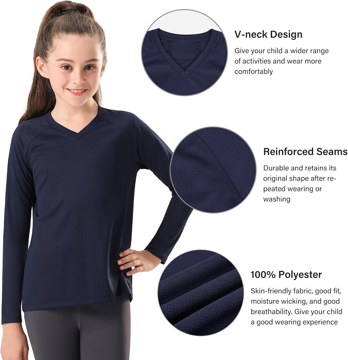 Stelle Youth Girls Athletic Performance Long Sleeve Shirts V Neck Moisture Wicking Base Layer Undershirt(Navy)