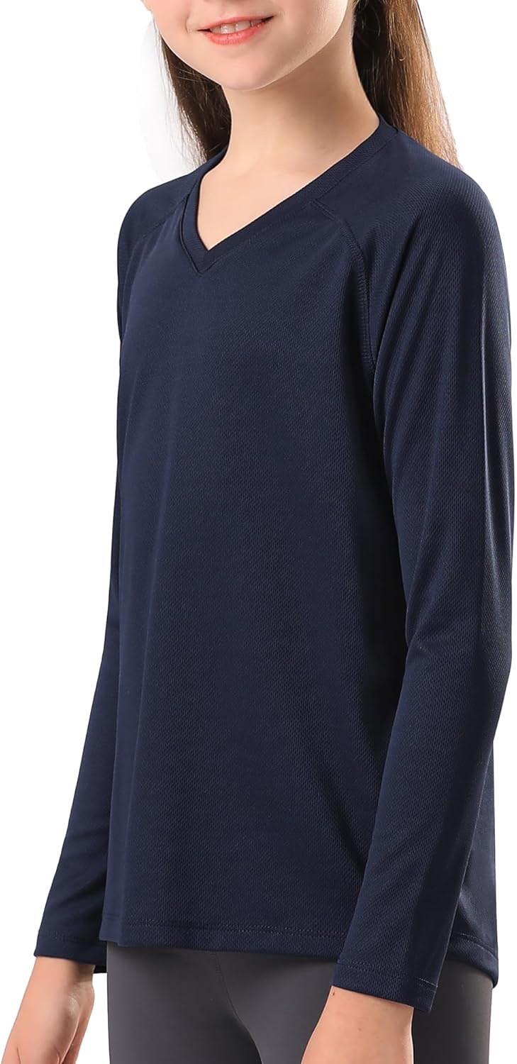 Stelle Youth Girls Athletic Performance Long Sleeve Shirts V Neck Moisture Wicking Base Layer Undershirt(Navy)
