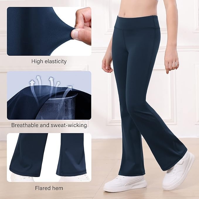 Stelle Girls Flare Leggings High Waisted for Dance Yoga School Daily Wear | Buttery-Soft,Breathable 4-way stretch fabric with flared design,Moisture-wicking comfort for yoga,Dance,School casual outfit(3 Pcs Black+grey Blue+navy)