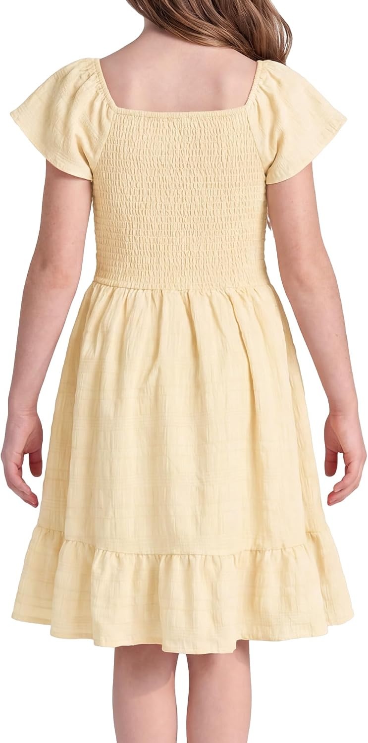 Stelle Girls Summer Casual Smocked Dress 5-15 Years | Short Sleeve,Square Neck,Backless,Cotton Lining,Double Layer,A Line,Twirl Dress,Back to School,Beach,Holiday,Skater Dress(Butter)