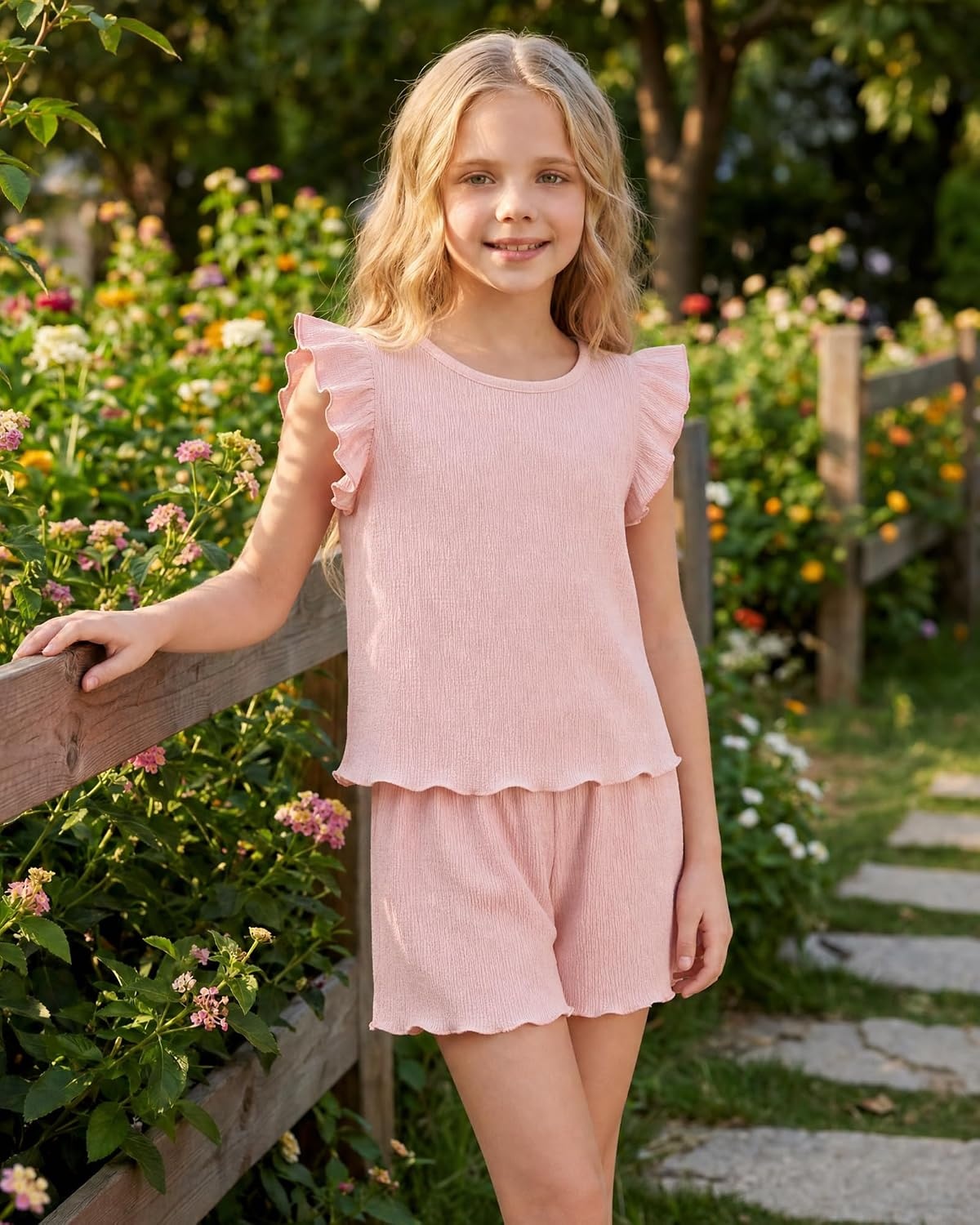 Stelle Girls 2 Piece Summer Outfits Flutter Sleeve Tops and Shorts 5-13Y(Blush Pink)