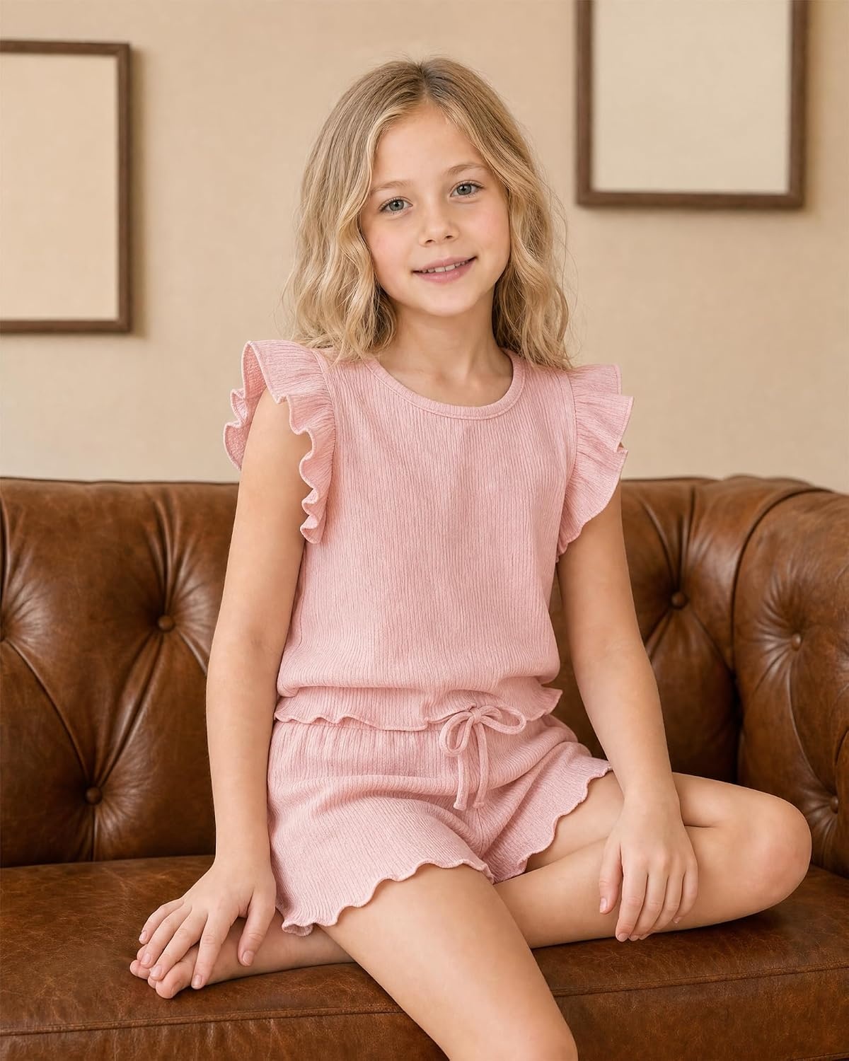 Stelle Girls 2 Piece Summer Outfits Flutter Sleeve Tops and Shorts 5-13Y(Blush Pink)