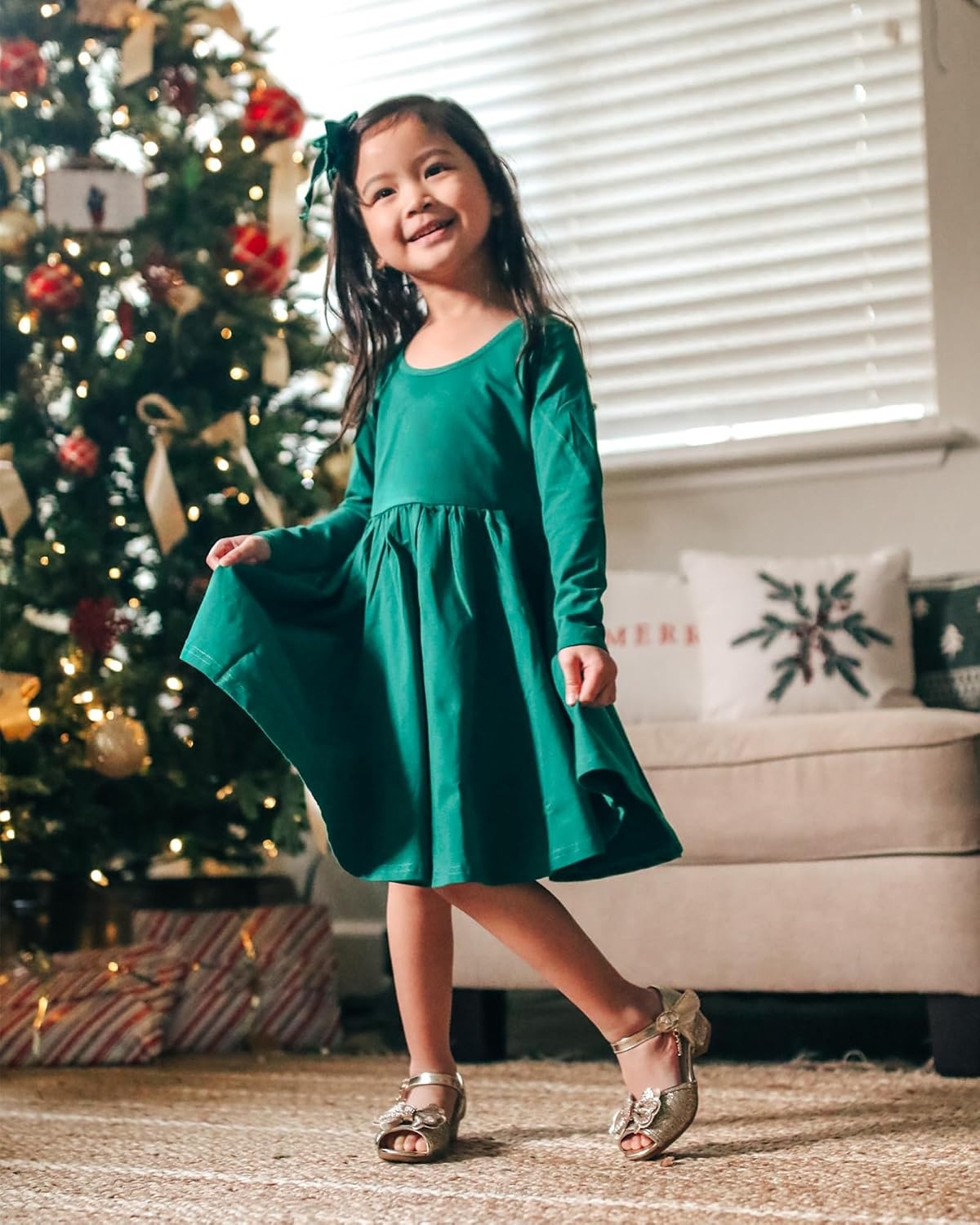 Stelle Long Sleeve Girls Dress Toddler Dresses Skater Twirl Cotton A-Line Dress for School Casual | Criss Cross Back,Crew Neck,High Waist,Spinny Swing,Stretchable,Spring Fall Winter,Casual School Birthday Dance(Green)