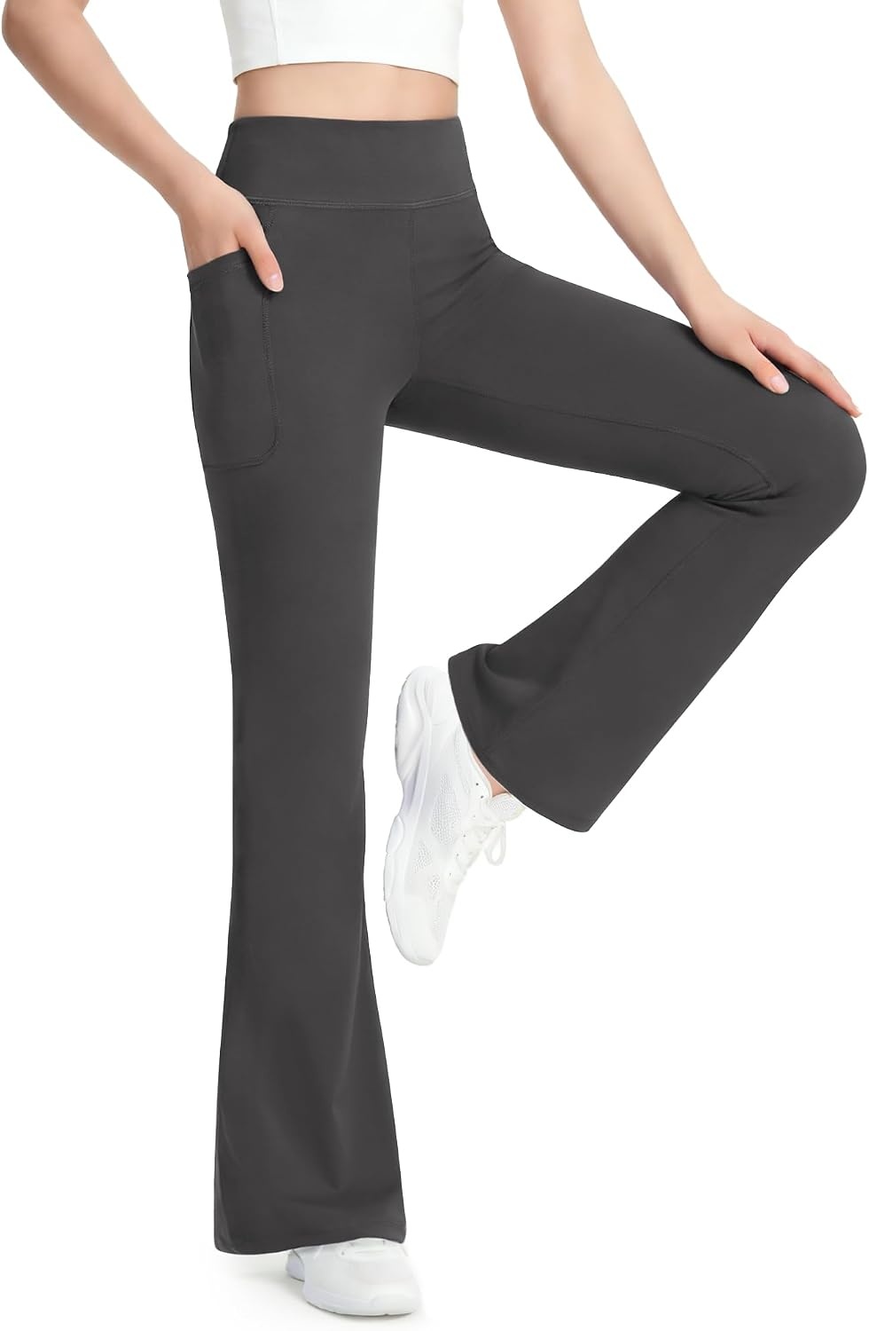 Stelle Girls Leggings Flare Yoga Pants Kids Bootcut High Waisted Workout Dance Pants with Pockets(Charcoal)