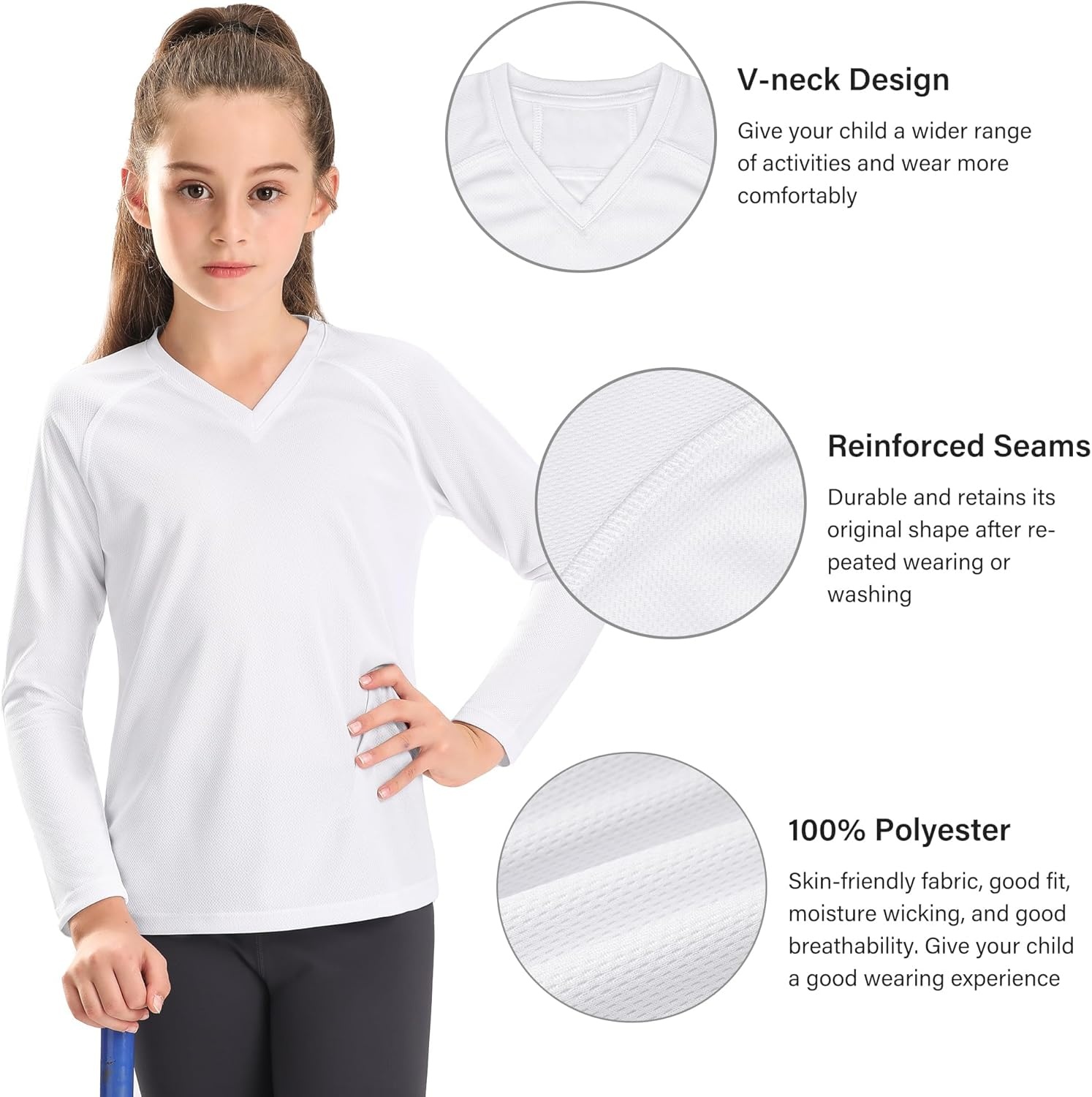 Stelle Youth Girls Athletic Performance Long Sleeve Shirts V Neck Moisture Wicking Base Layer Undershirt(White)