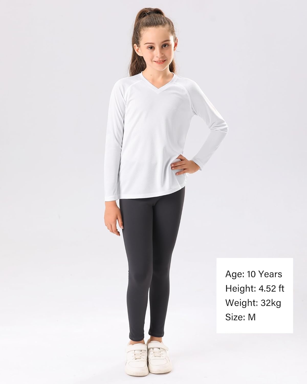 Stelle Youth Girls Athletic Performance Long Sleeve Shirts V Neck Moisture Wicking Base Layer Undershirt(White)