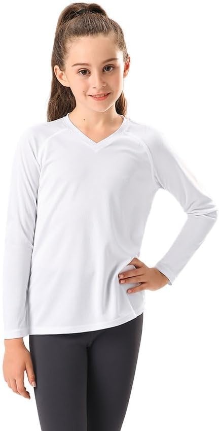 Stelle Youth Girls Athletic Performance Long Sleeve Shirts V Neck Moisture Wicking Base Layer Undershirt(White)