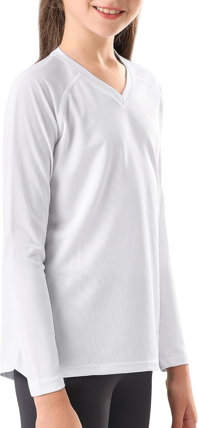 Stelle Youth Girls Athletic Performance Long Sleeve Shirts V Neck Moisture Wicking Base Layer Undershirt(White)