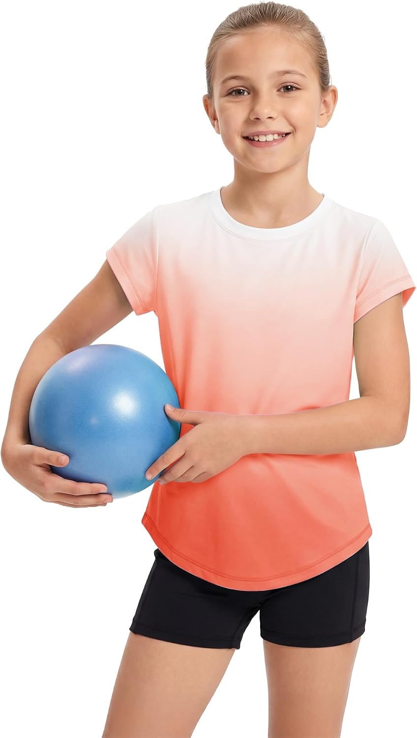 Stelle Athletic Shirts for Girls Short Sleeve Active T Shirts Sports Crewneck Dry Fit Tops Kids Teens Gym Workout Summer Tee(Coral)
