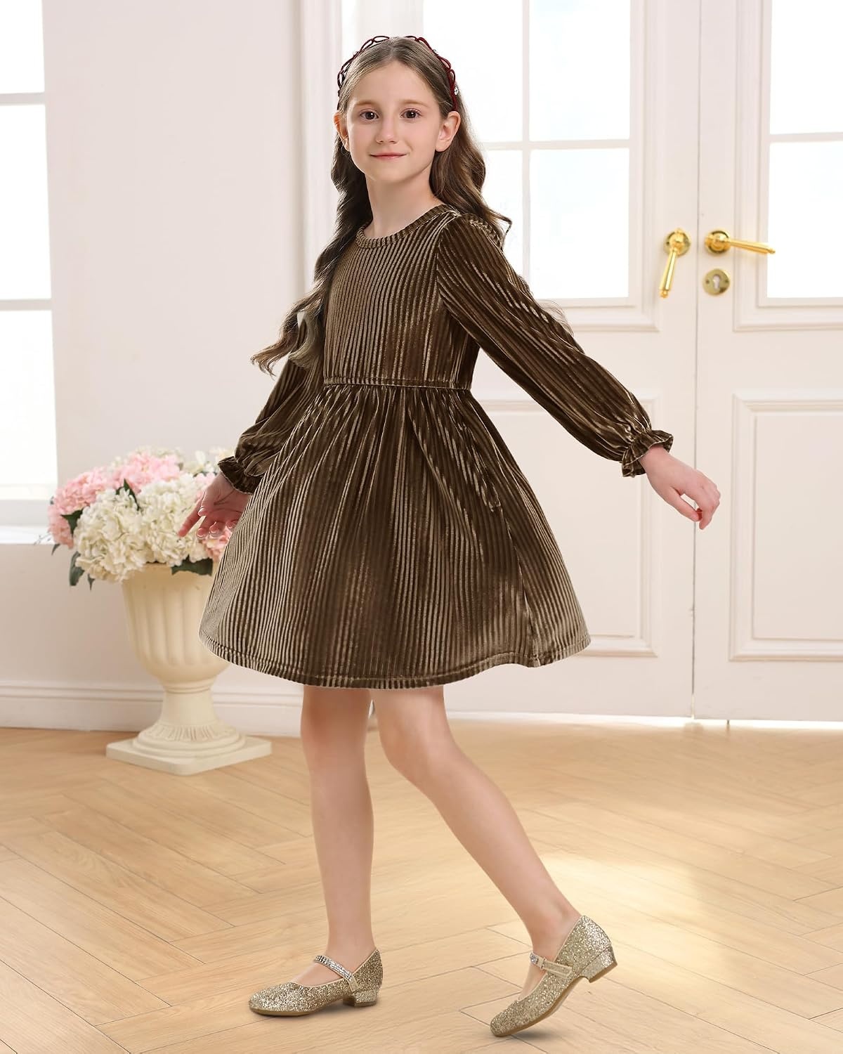 Stelle Girls Long Sleeve Velvet Dress with Pockets 5-15 Years | Bell Sleeve,Knee Length,Ribbed,A Line,Twirly Dress,High Waist,Fall/Winter Dress,Holiday/Christmas/New Years Eve/Party(Golden Brown)