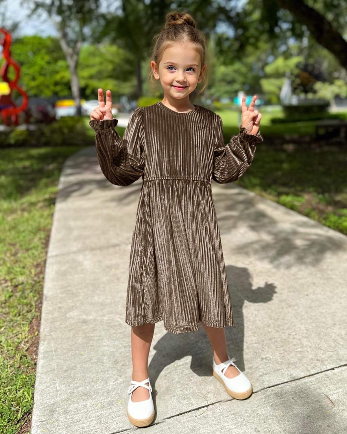 Stelle Girls Long Sleeve Velvet Dress with Pockets 5-15 Years | Bell Sleeve,Knee Length,Ribbed,A Line,Twirly Dress,High Waist,Fall/Winter Dress,Holiday/Christmas/New Years Eve/Party(Golden Brown)