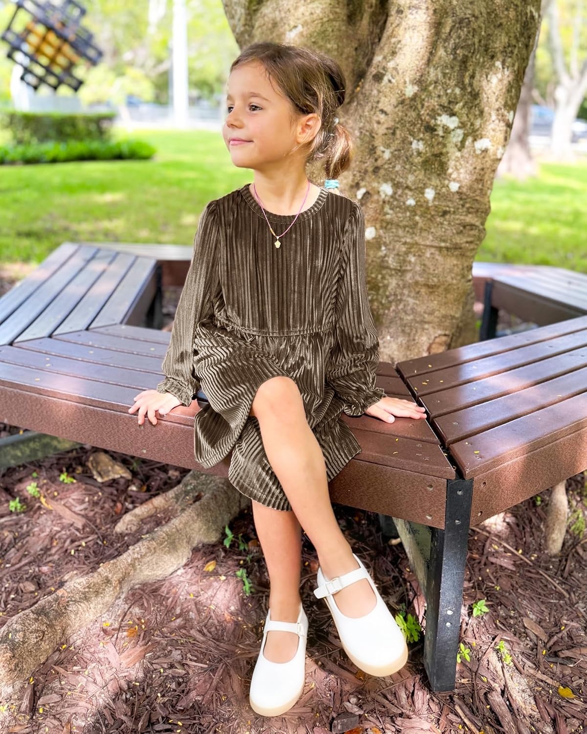 Stelle Girls Long Sleeve Velvet Dress with Pockets 5-15 Years | Bell Sleeve,Knee Length,Ribbed,A Line,Twirly Dress,High Waist,Fall/Winter Dress,Holiday/Christmas/New Years Eve/Party(Golden Brown)
