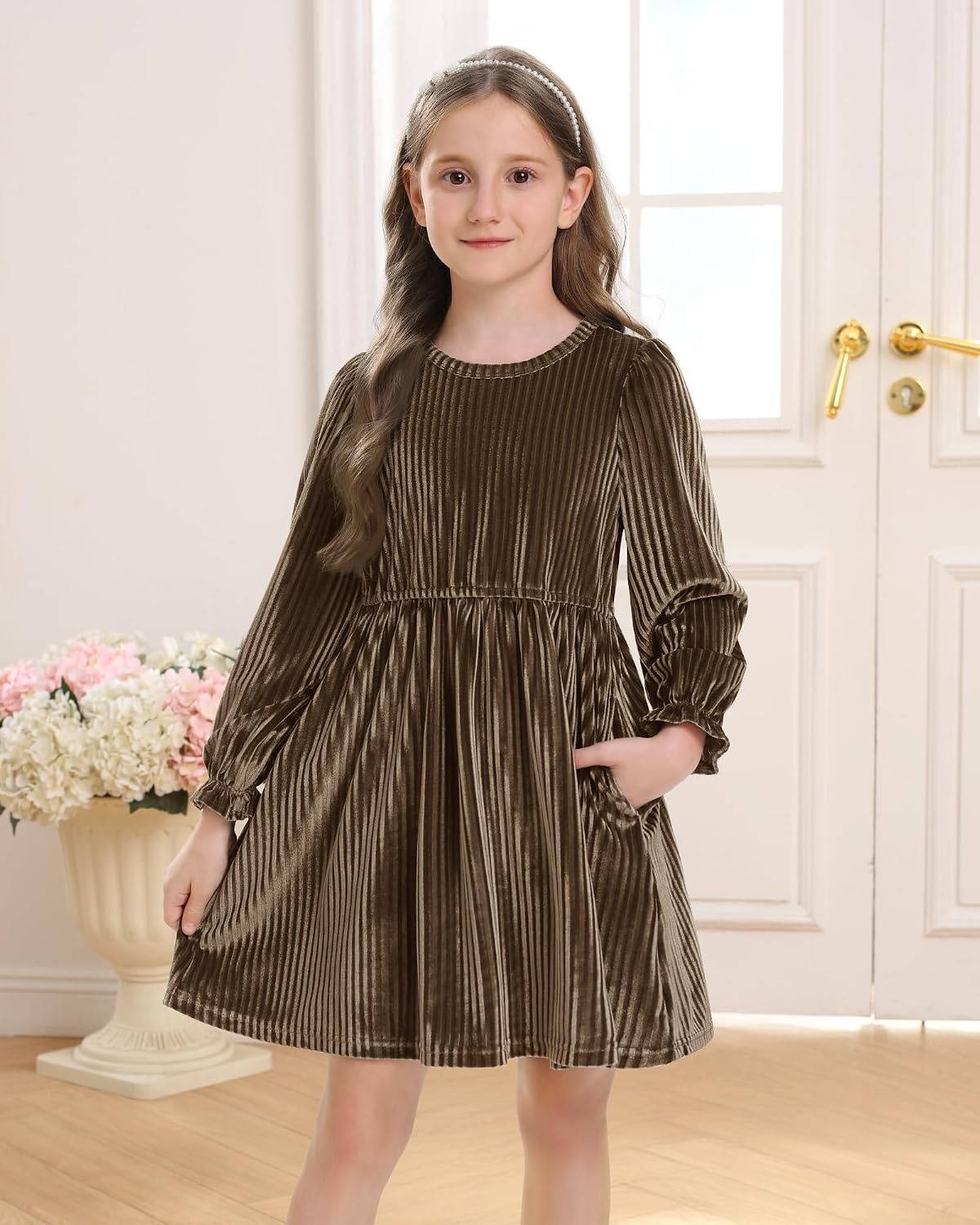 Stelle Girls Long Sleeve Velvet Dress with Pockets 5-15 Years | Bell Sleeve,Knee Length,Ribbed,A Line,Twirly Dress,High Waist,Fall/Winter Dress,Holiday/Christmas/New Years Eve/Party(Golden Brown)