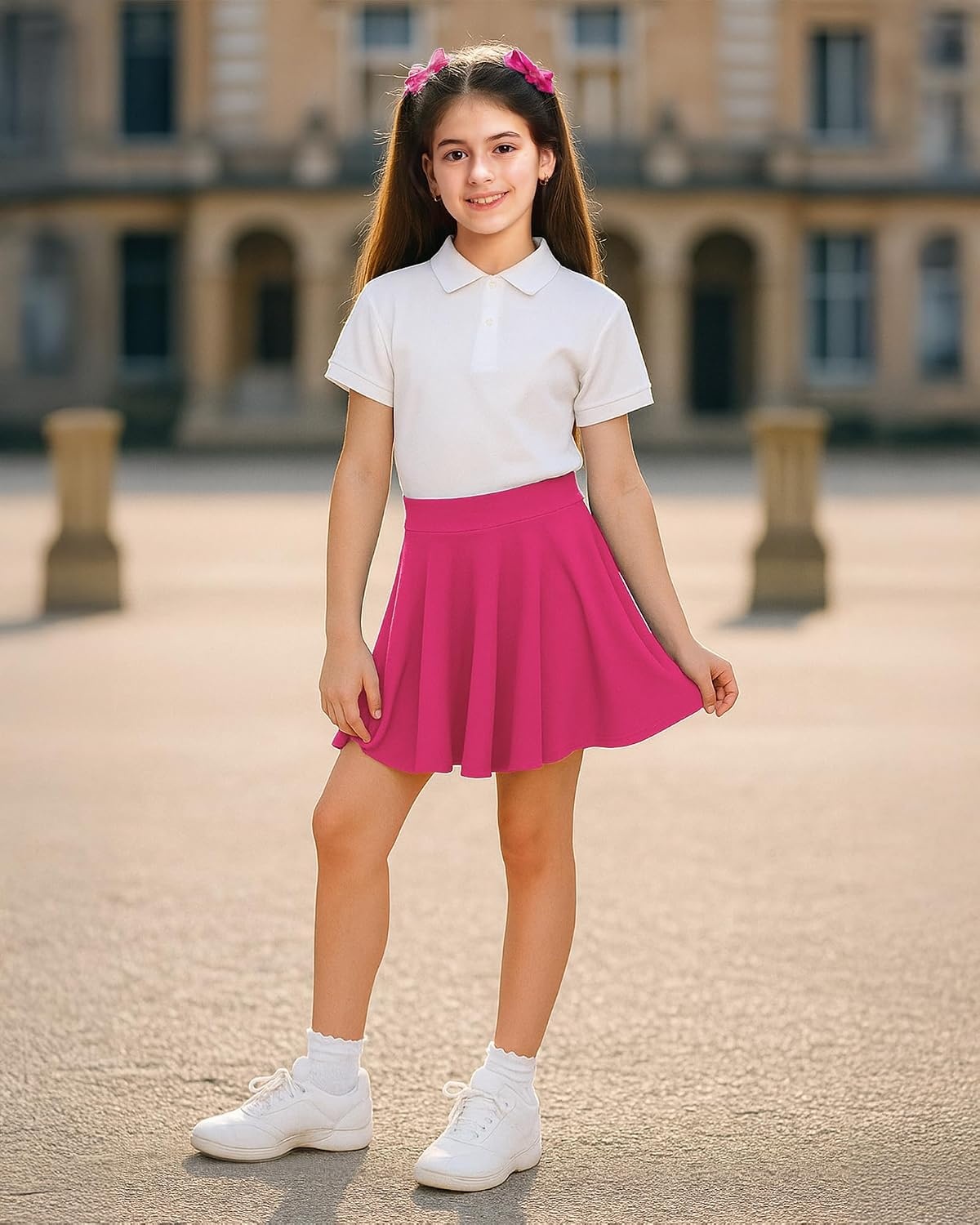 Stelle Girls Pleated Skater Uniform Skirts with Built in Shorts for School | Elastic waistband, Soft stretch fabric, Comfortable fit, Tennis, Golf, Casual wear, Active movement(Hot Pink)
