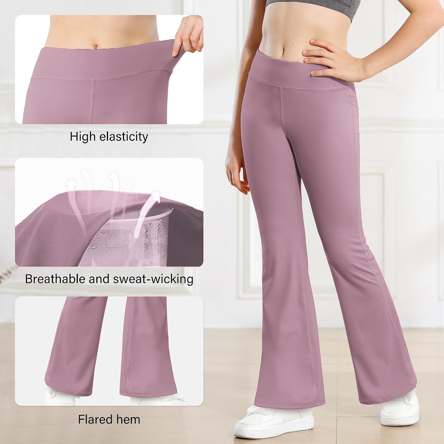 Stelle Girls Flare Leggings High Waisted for Dance Yoga School Daily Wear | Buttery-Soft,Breathable 4-way stretch fabric with flared design,Moisture-wicking comfort for yoga,Dance,School casual outfit(1pc Dusty Lavender)