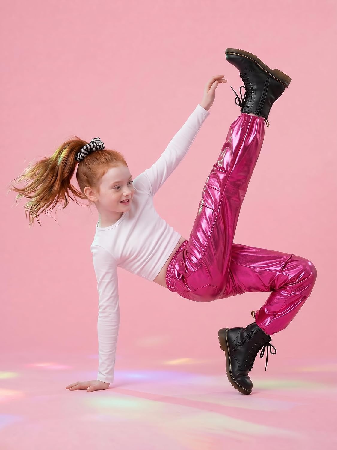 Stelle Girls Metallic Hip Hop Pants Shiny Cargo Joggers Pant | Shiny Leggings, Sequin Sparkly Material, Adjustable Drawstring, School Events, Disco, Street, Running, Kids, Youth(Metal Fuchsia)