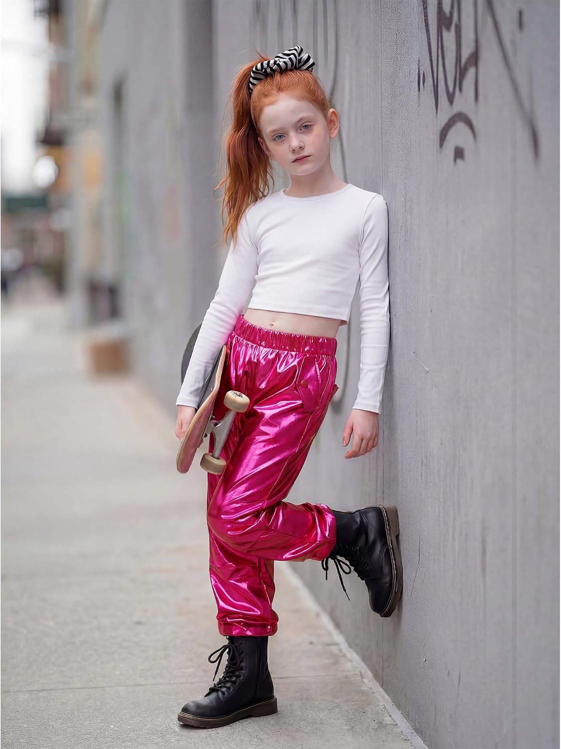 Stelle Girls Metallic Hip Hop Pants Shiny Cargo Joggers Pant | Shiny Leggings, Sequin Sparkly Material, Adjustable Drawstring, School Events, Disco, Street, Running, Kids, Youth(Metal Fuchsia)