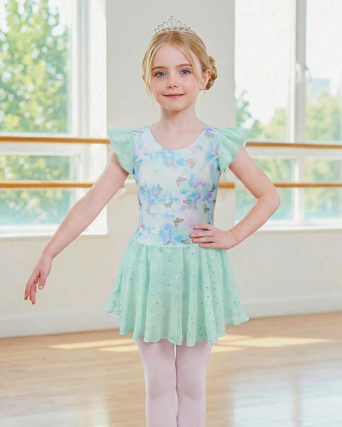 Stelle Ballet Leotards for Girls Toddler Dance Leotard Gymnastic Outfits | Sparkle Flutter Sleeve Ballet Dresses, Butterfly Star Print, Ballerina Costumes for Dance, Performance, Party & Dress Up(Butterfly Mist)