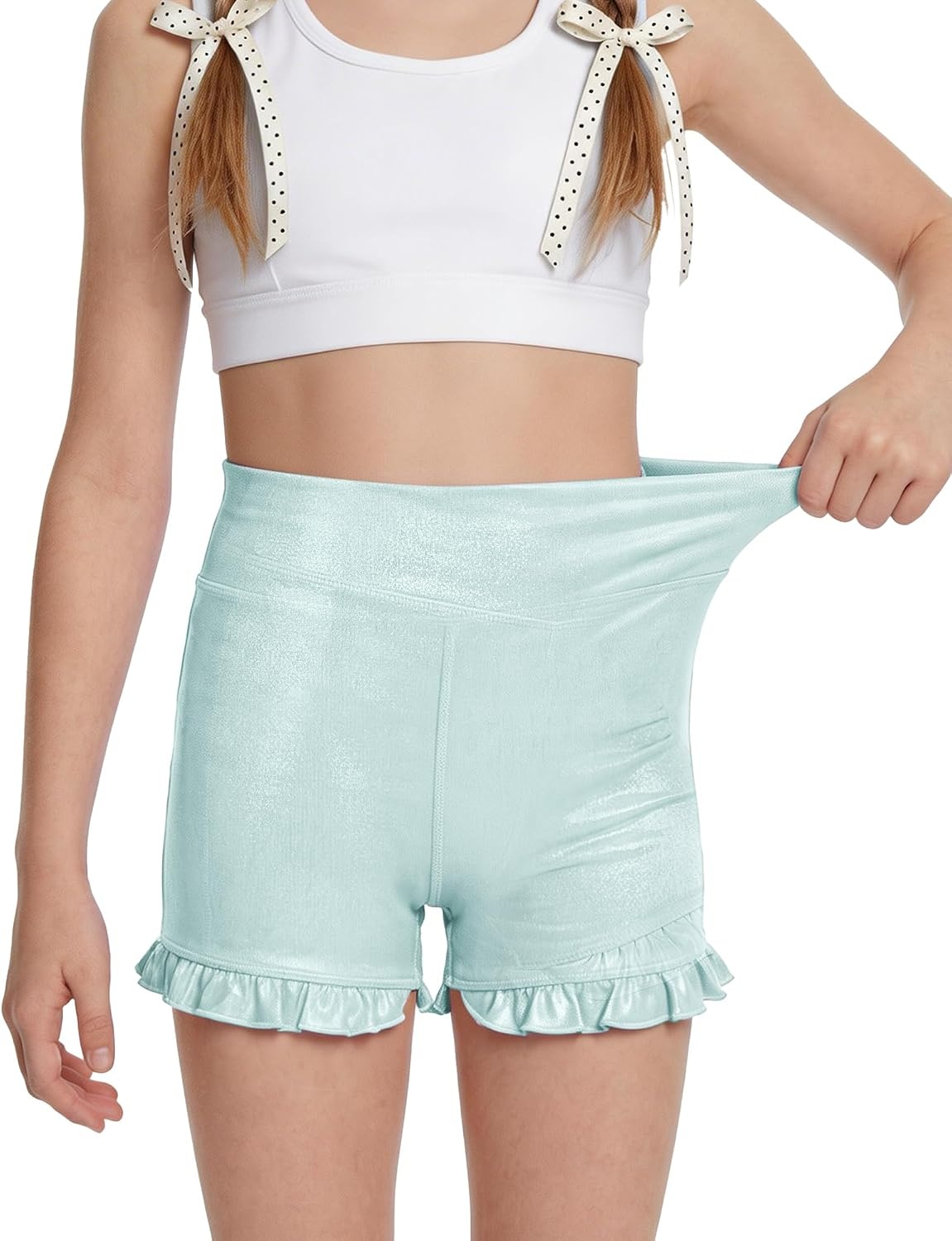 Stelle Girls Gymnastics Shorts Athletic Dance Sparkle Ruffle Short High Waisted Metallic Biker Short for Kids 6-15 Years(Light Blue)