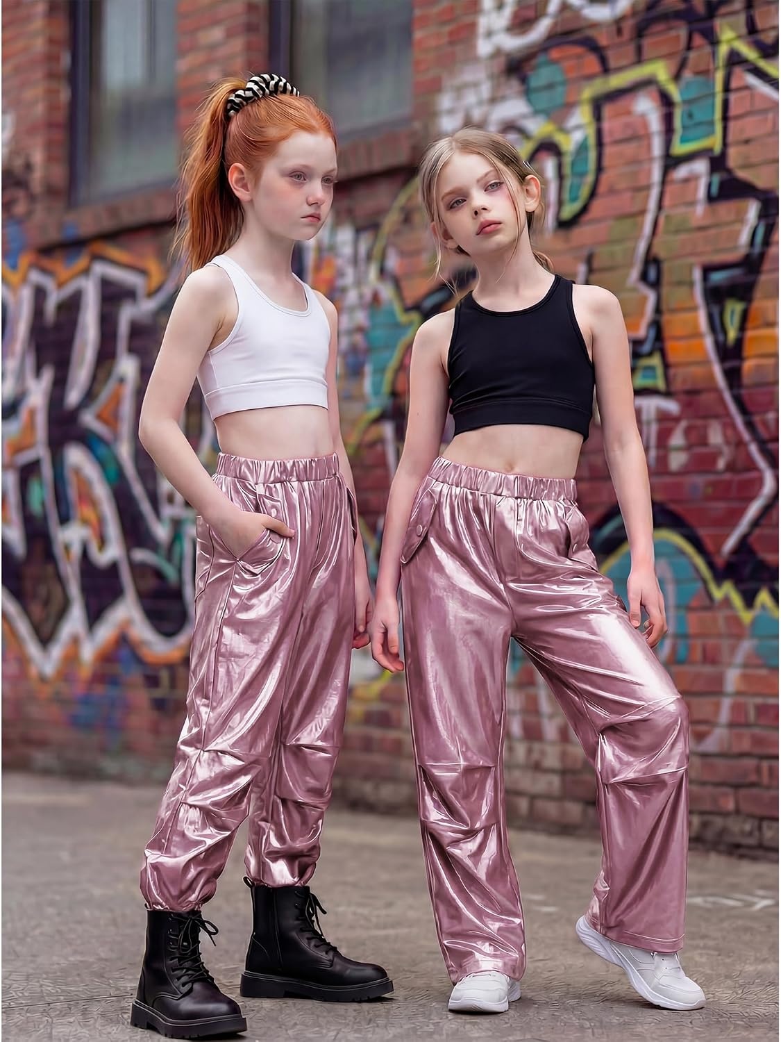Stelle Girls Metallic Cargo Pants Shiny Hip Hop Dance Joggers Sparkly Stretchy Wide Leg Street Pants for Kids 4-15 Years(Metal Pink)