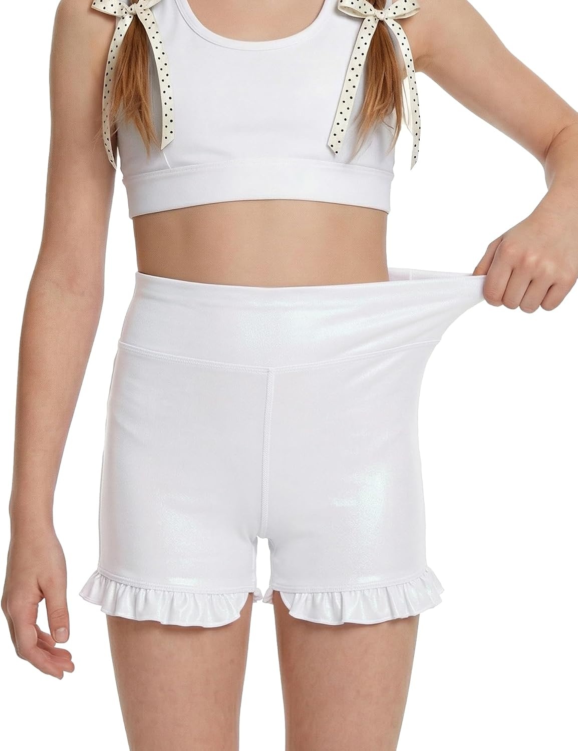 Stelle Girls Gymnastics Shorts Athletic Dance Sparkle Ruffle Short High Waisted Metallic Biker Short for Kids 6-15 Years(White)