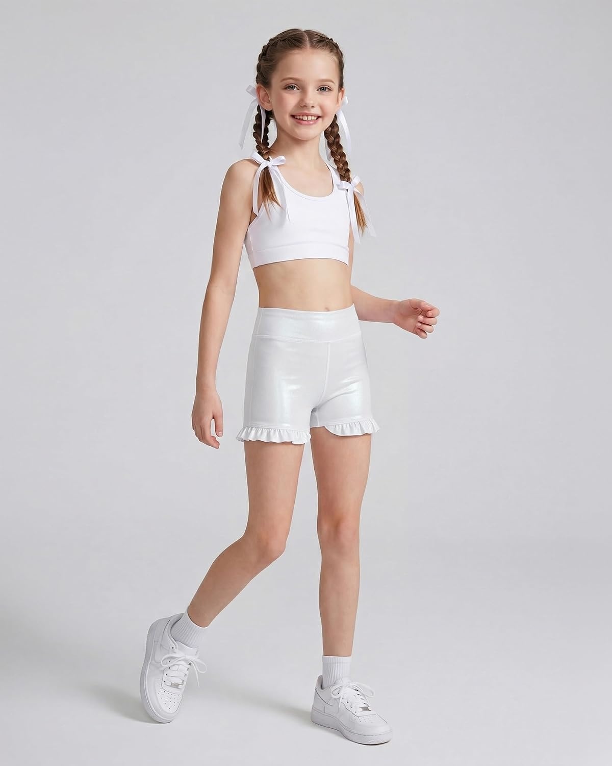Stelle Girls Gymnastics Shorts Athletic Dance Sparkle Ruffle Short High Waisted Metallic Biker Short for Kids 6-15 Years(White)