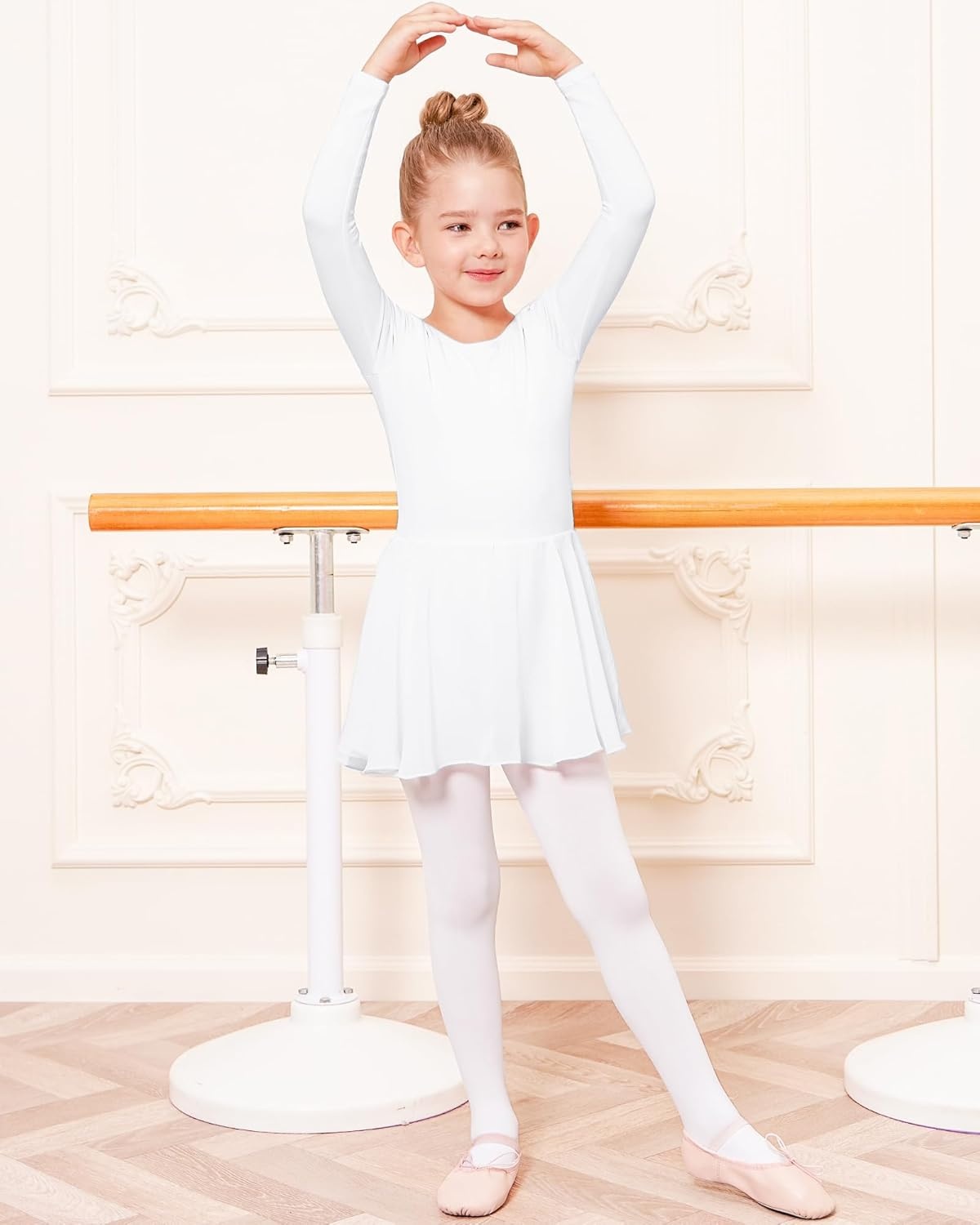 Stelle Ballet Leotards for Girls Long Sleeve Toddler Dance Leotard Outfits with Skirt Classic(Little/Big Kid)(White)