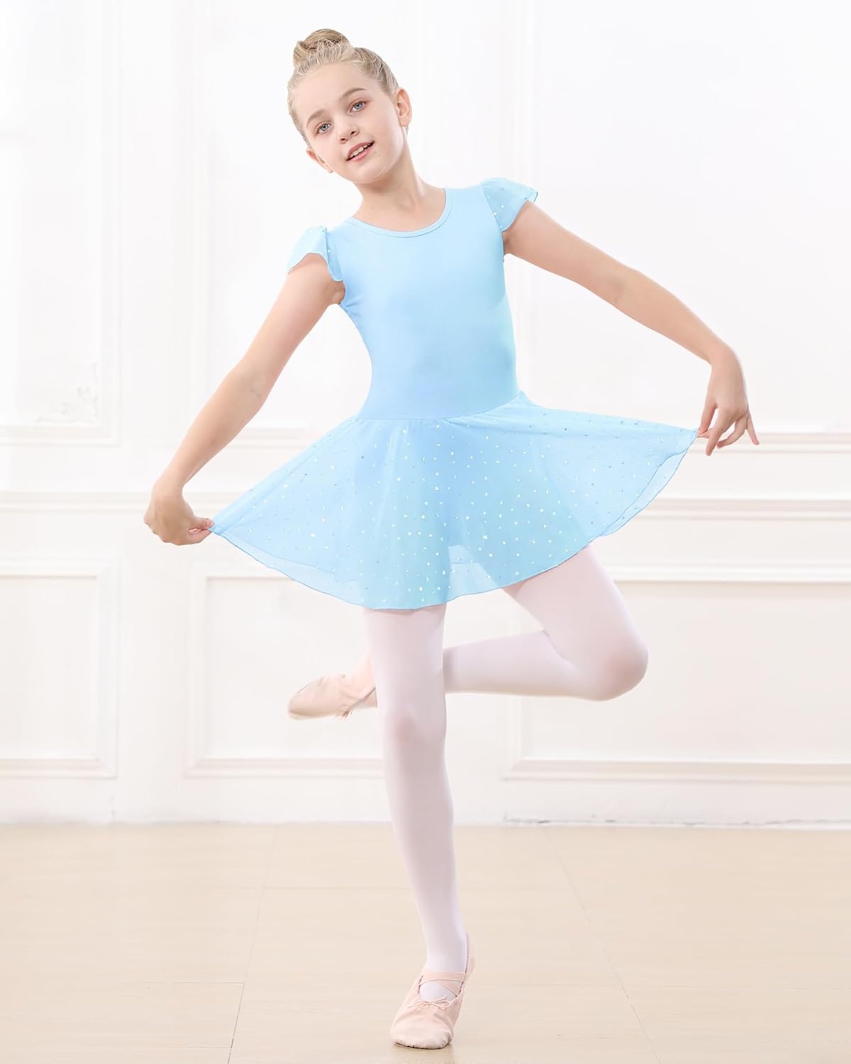 Stelle Ballet Leotards for Girls Dance Leotard with Skirt Kids Dance Dress | Ballet Dress for Toddler Girls, Ruffle Sleeve, Chiffon Skirt, Dance Costume for Performances, Birthday Party, Daily Wear(1-blue(shiny Skirt))