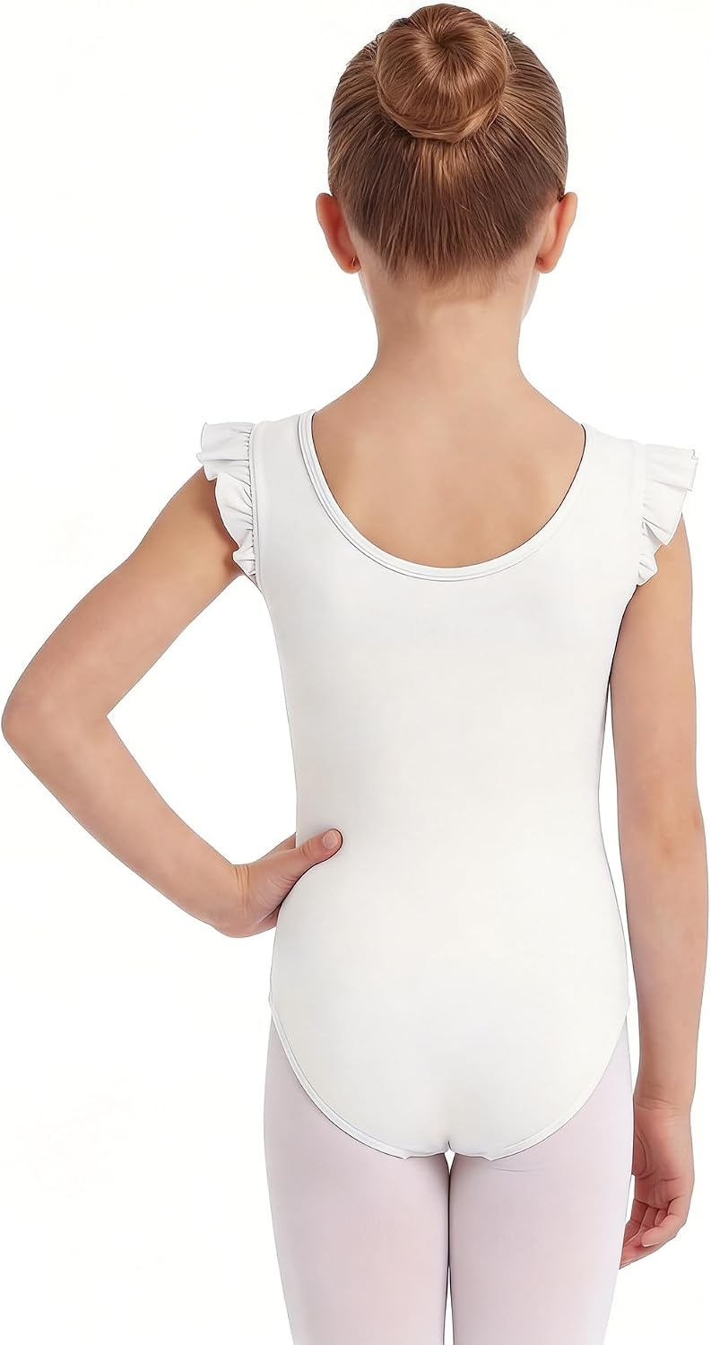 Stelle Ballet Leotards for Girls Ruffle Sleeve Gymnastics Dancewear 2-14Y(White)