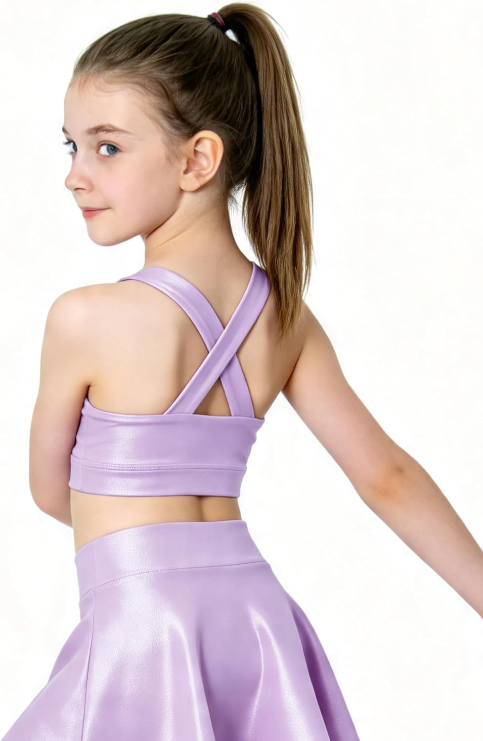Stelle Girls Metallic Dance Tops Shiny Athletic Crop Tank Cross Back | Sparkly Shiny, Sleeveless, Scoop Neck, Stretchy Comfortable, Cheer, Party, Dancewear, Gymnastics, Kids, Youth, Tumbling(Lavender)