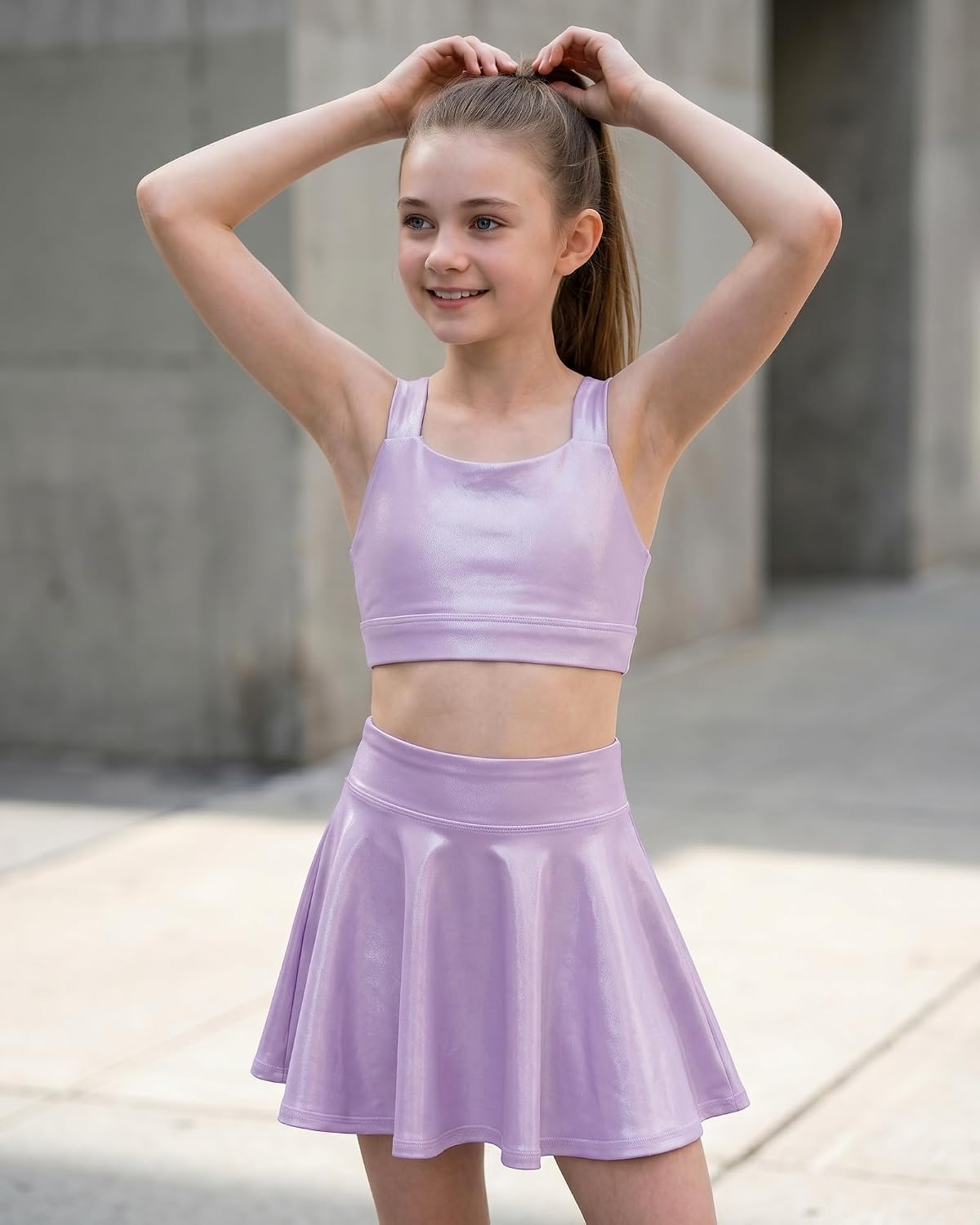 Stelle Girls Metallic Dance Tops Shiny Athletic Crop Tank Cross Back | Sparkly Shiny, Sleeveless, Scoop Neck, Stretchy Comfortable, Cheer, Party, Dancewear, Gymnastics, Kids, Youth, Tumbling(Lavender)