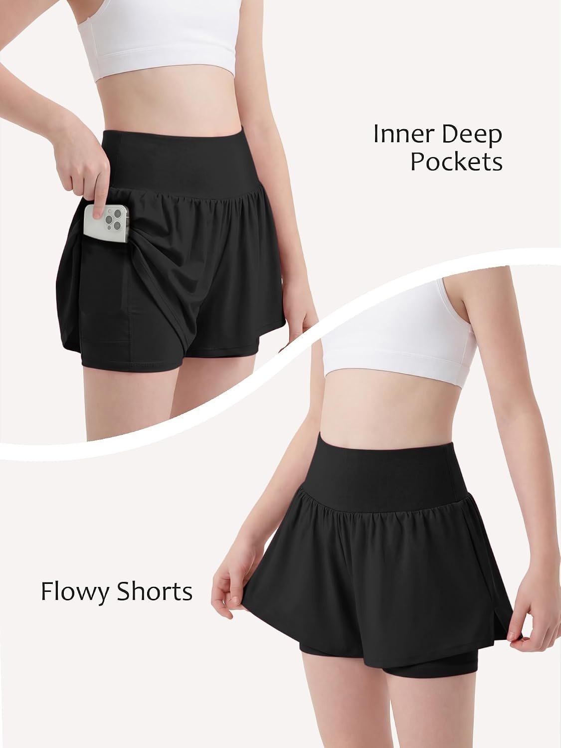 Stelle Girls Athletic Shorts Flowy Running 2 in 1 Butterfly Short with Pockets Soccer Tennis for Teen(Black)