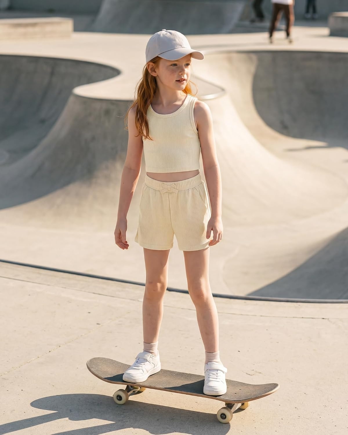 Stelle Girls 2 Piece Outfits Tank Top and Shorts with Pockets 5-15 Years | Girls Ribbed Tops,Crop Tops,Scoop Neck,Sleeveless Tops,Elastic Waist Shorts,Bow Waist,Side Pockets(Vanilla)