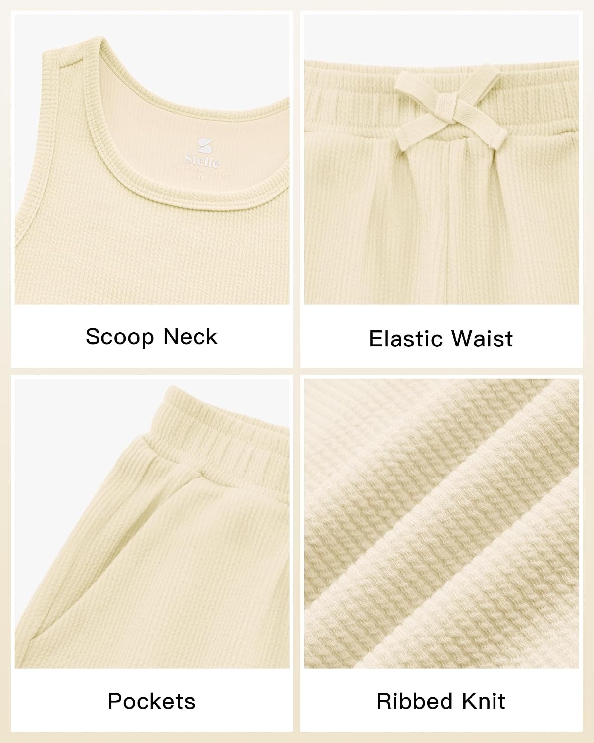 Stelle Girls 2 Piece Outfits Tank Top and Shorts with Pockets 5-15 Years | Girls Ribbed Tops,Crop Tops,Scoop Neck,Sleeveless Tops,Elastic Waist Shorts,Bow Waist,Side Pockets(Vanilla)